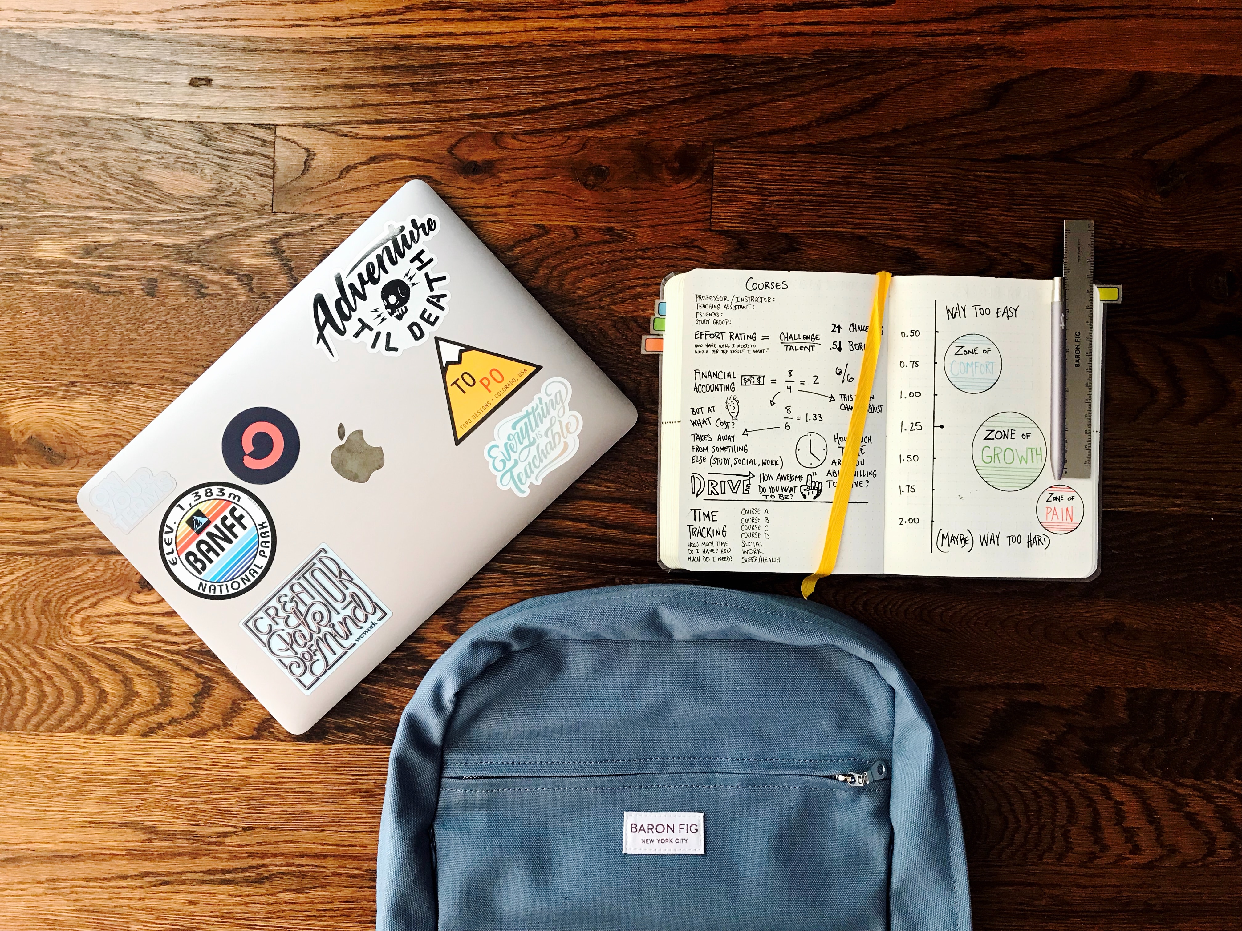 contents of a backpack in a lay flat format including a closed laptop and a notebook with a pencil.