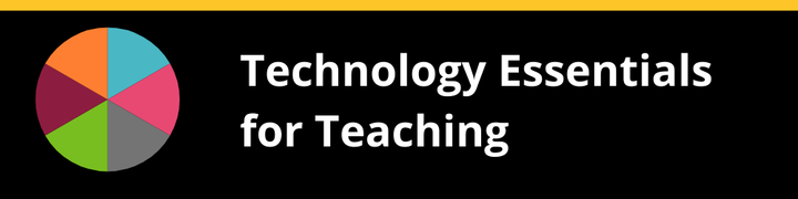 Banner with "Technology Essentials for Teaching" text and a segmented colorful plate between a fork and a knife.